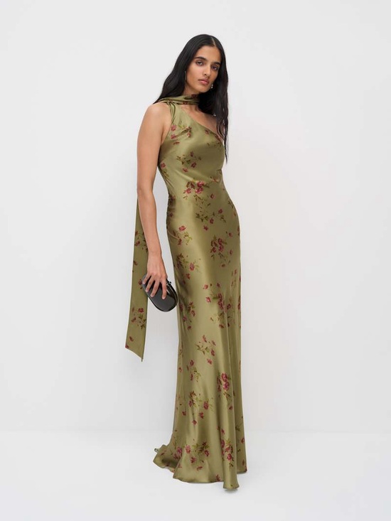 Reformation Dresses & Skirts - Reformation Jazzlyn Silk Dress Olive One-Shoulder Gown with Red Floral Print.